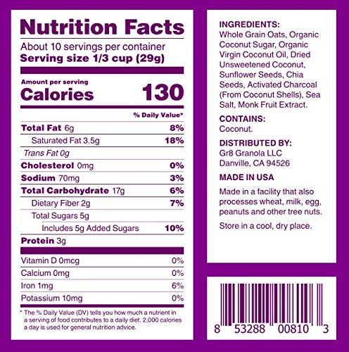 Gr8Nola Black Coco (Charcoal) Chia - Healthy, Low Sugar, Vegan Granola Cereal - Made With Superfoods Chia Seeds And Activated Ch