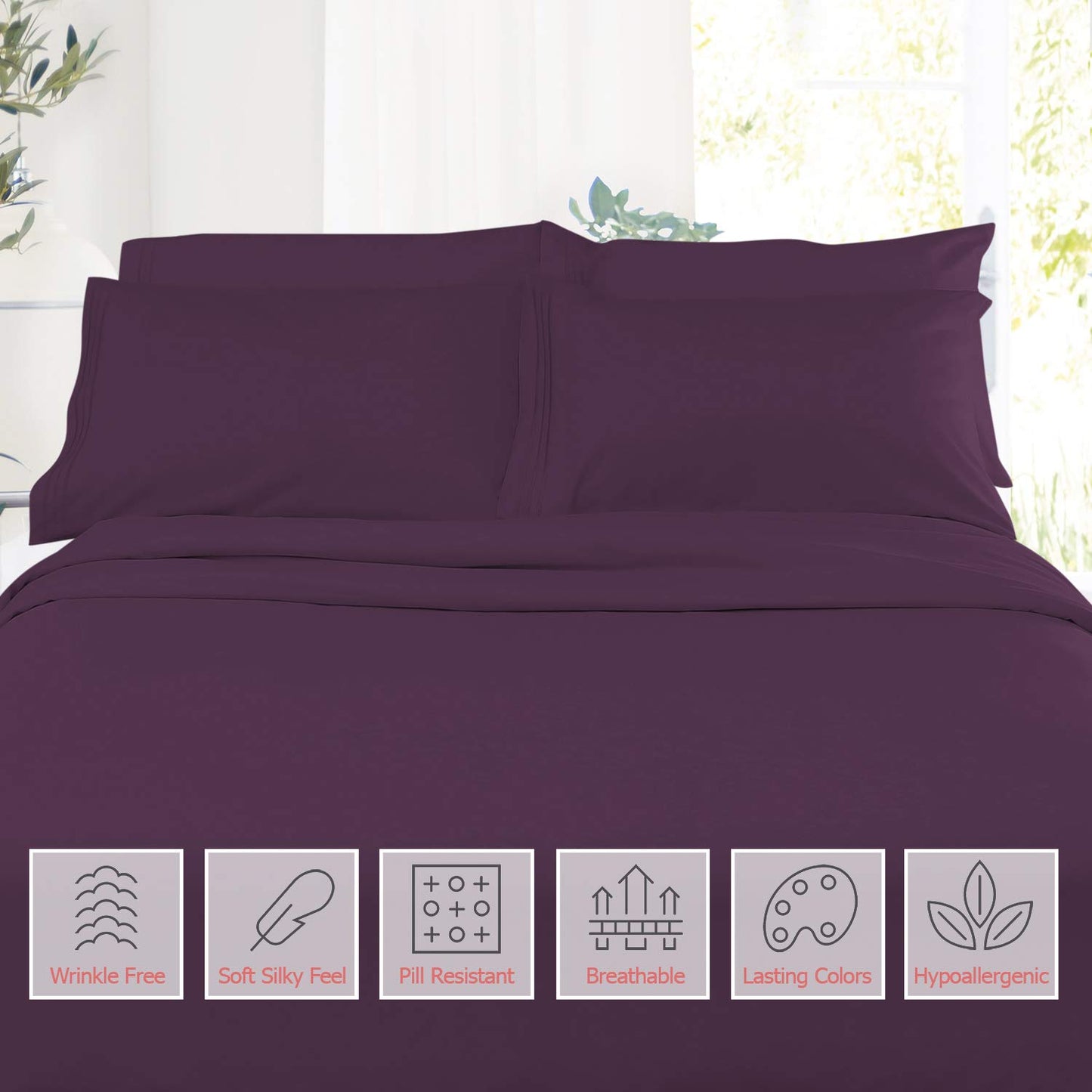 Nestl King Size Pillow Cases 2 Pc - Soft Pillow Cover - Lightweight Purple Eggplant Pillowcase - Microfiber King Size Pillow Cas