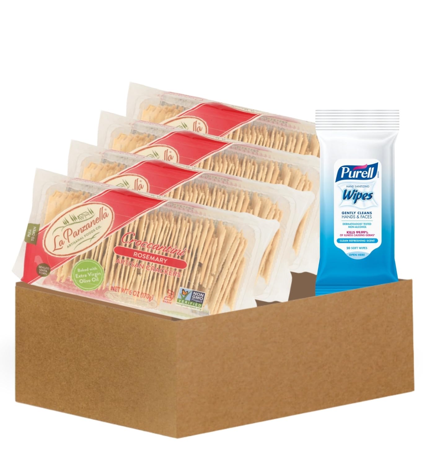 Rosemary Crackers - 4x La Panzanella Rosemary-Mini Croccantini-Crackers 6 oz Bundle with Hand Sanitizing Wipes - Crisp Artisan S
