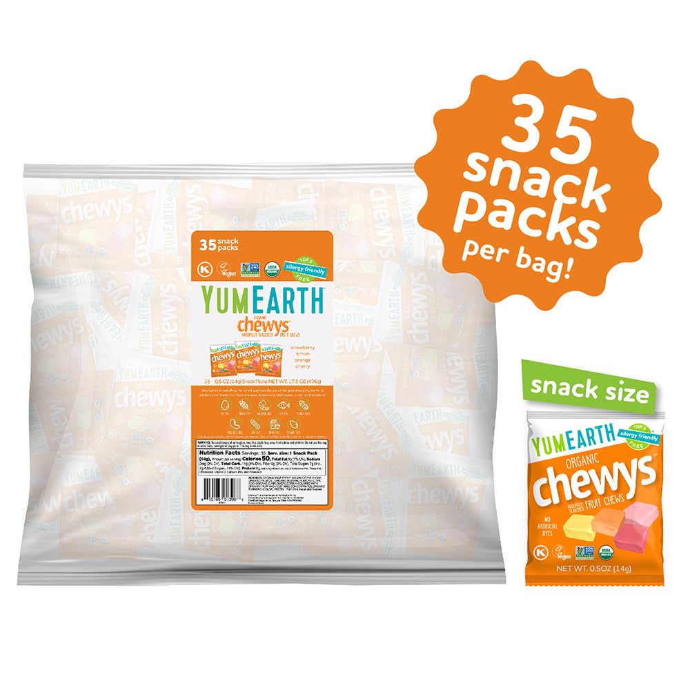 YumEarth Organic Chewys Fruit Flavored Candy Chews - Allergy Friendly  Gluten Free  Non-GMO  Vegan  No Artificial Dyes - Assorted Flavors 35ct Bulk Bag
