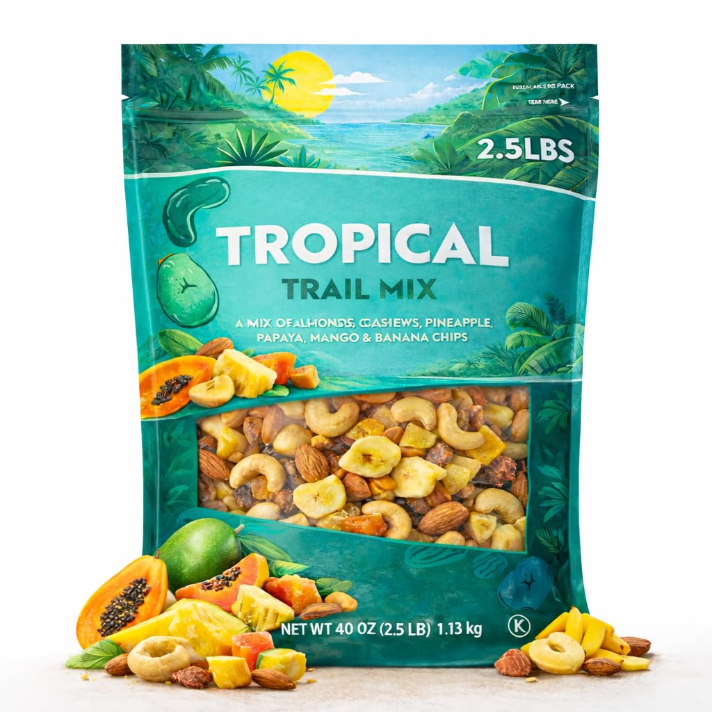 Tropical Trail Mix Nuts Dried Fruit Blend 40 oz Snack Bag Almond Cashew Mango Pineapple Papaya Banana Chips Healthy Treat Lunchb