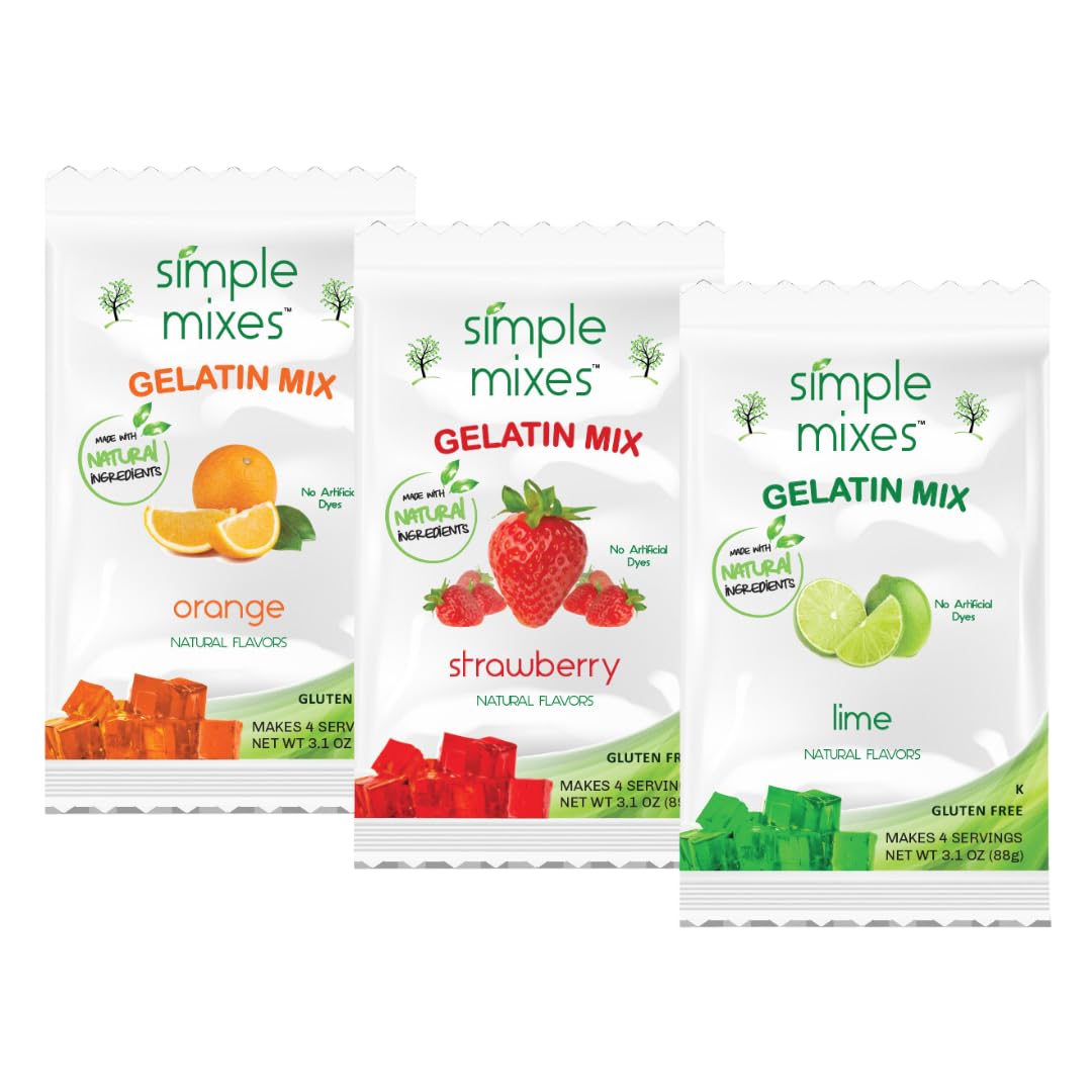 Simple Mixes Natural Gelatin Dessert, Variety Pack, Strawberry, Orange, & Lime, Healthy Snack, Dye-Free, No Gluten or Fat, Koshe