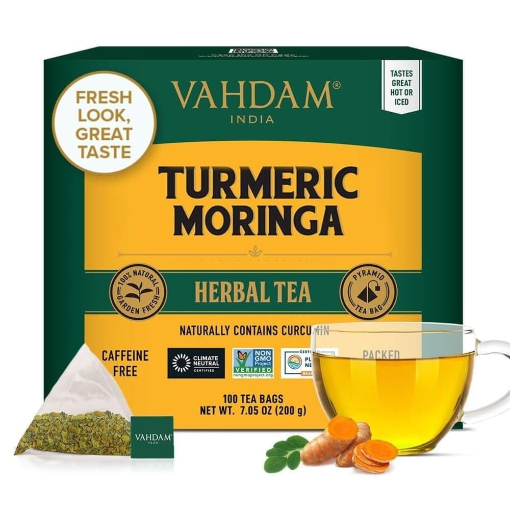 Vahdam  Turmeric Moringa Herbal Tea Bags (100 Count) Energy Blend Free  Non Gmo  Gluten Free | 100% Pure Herbal Blend - Sweet & Earthy | Whole Loose-Leaf Tea Bags | Resealable Ziplock Pouch