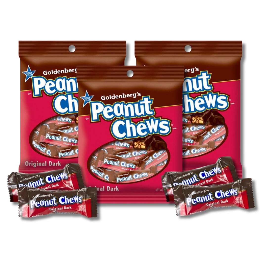 Goldenbergs Peanut Chews - Pack of 3 - Original Dark Chocolate Peanut Candy - Individually Wrapped Mini Bars - 3 oz. Bag By Lyz