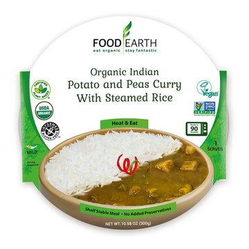 Food Earth - Potato And Peas Curry With Steamed Rice Meal - Ready To Eat Indian Cuisine - Organic Gluten-Free Gmo-Free - Healthy