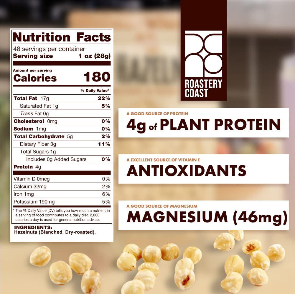 Roastery Coast Dry Roasted Hazelnuts | 3 LB | Unsalted | Filberts | Blanched | No skin | Kosher | Certified Gluten Free | Non-GM