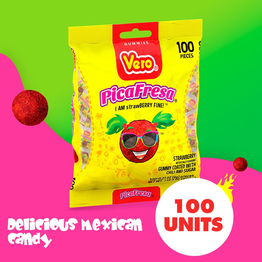 Vero Pica fresa - Strawberry Flavored Chewy Gummy Candy  - 100 Piece (Pack of 1)- (1 Lb  5.15 Ounces Each) - Individually Wrapped Mexican Candy Perfect for Piatas  Halloween  and More