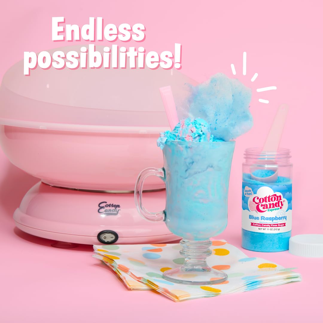 Cotton Candy Express Floss Sugar Variety Pack with 3 - 11oz Plastic Jars of Cherry, Blue Raspberry & Grape Flossing Sugars Plus