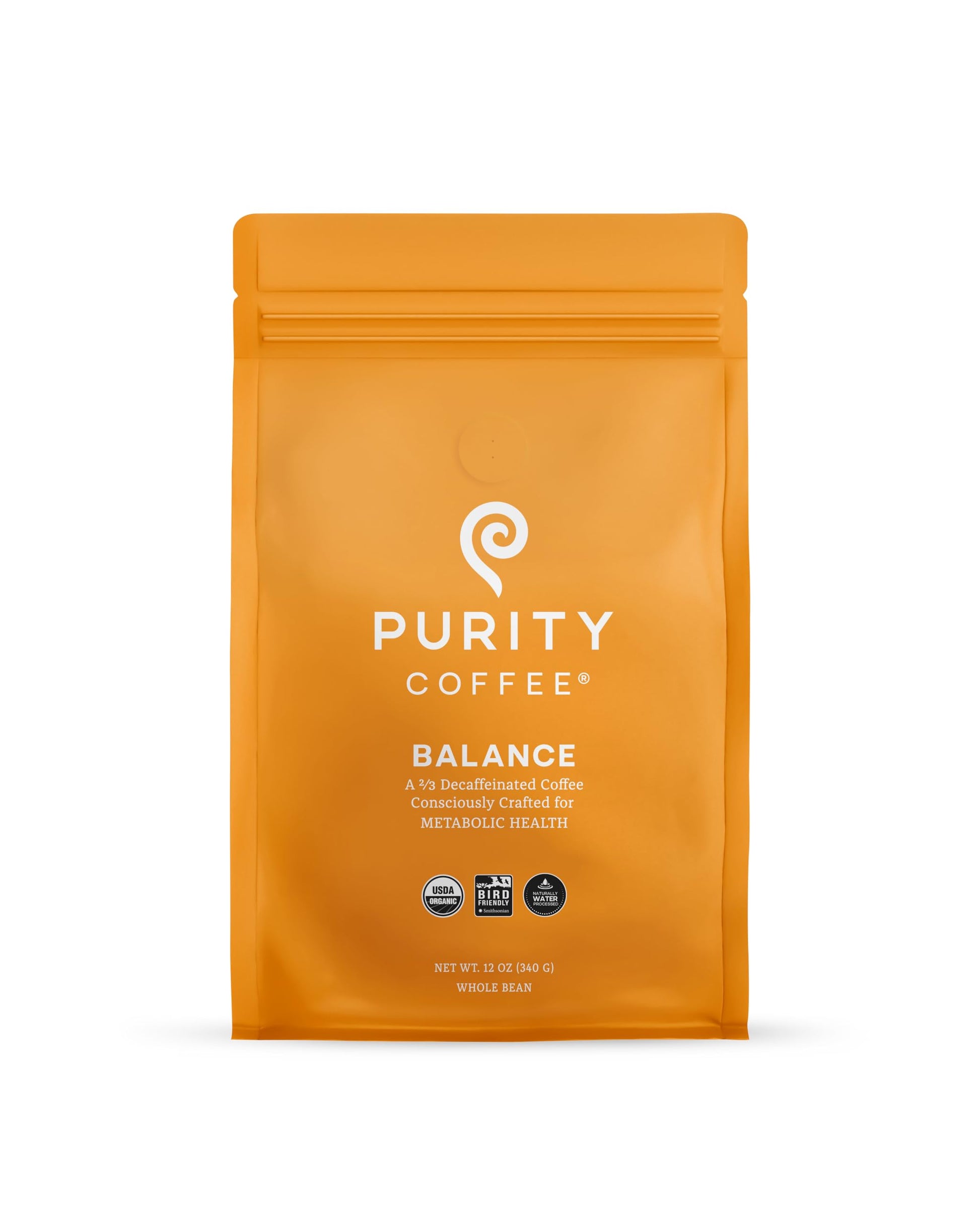 PURITY COFFEE BALANCE Decaf Medium Roast Whole Bean Coffee, USDA Organic, 12oz Bag