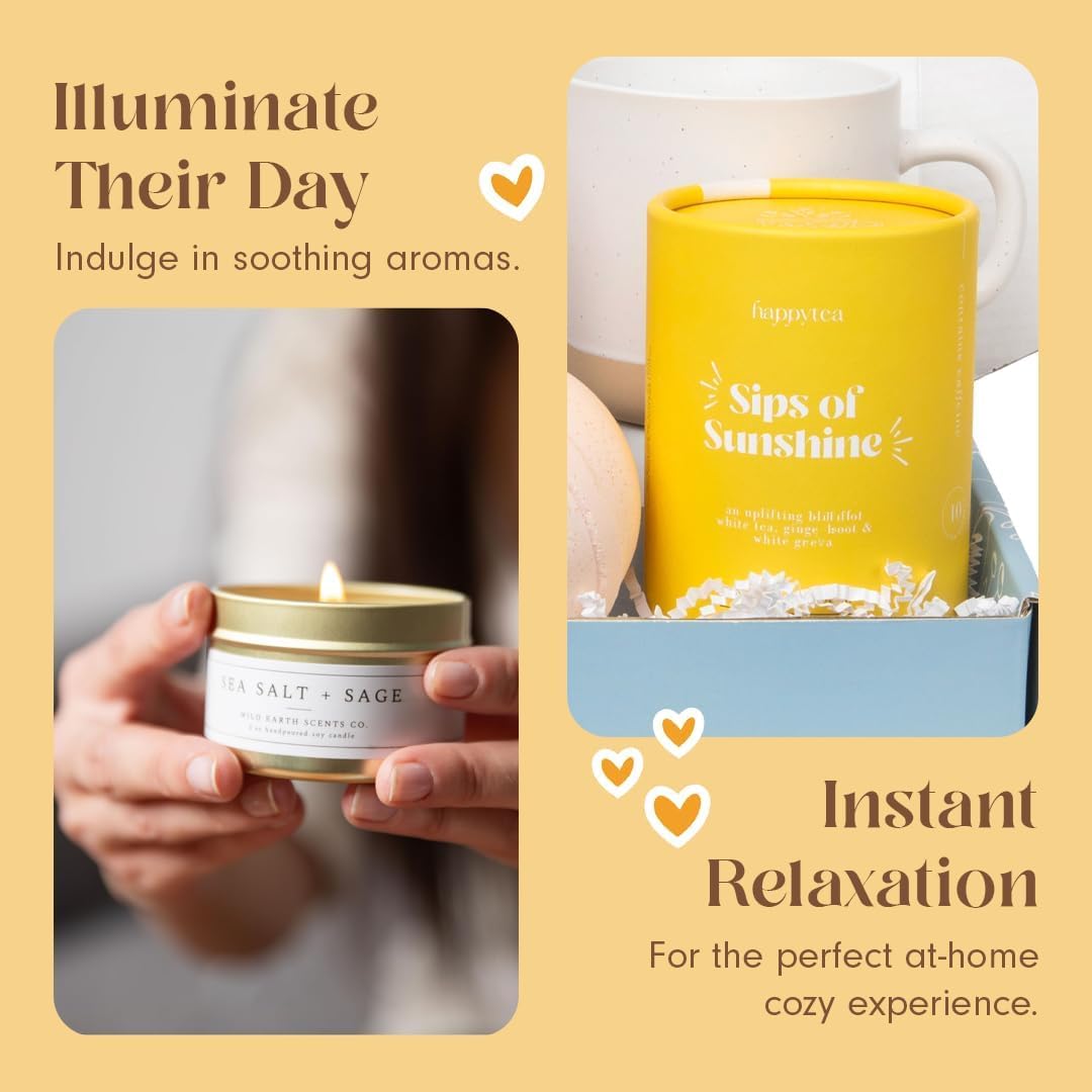 Unboxme Sunshine Gift For Women | Self Care Package With Organic Herbal Tea, Fluffy Cloud Socks, Ceramic Mug, Citrus Bath   , Beeswax Lip Balm, A Fun Floral Scrunchie + A Sending Hugs Card