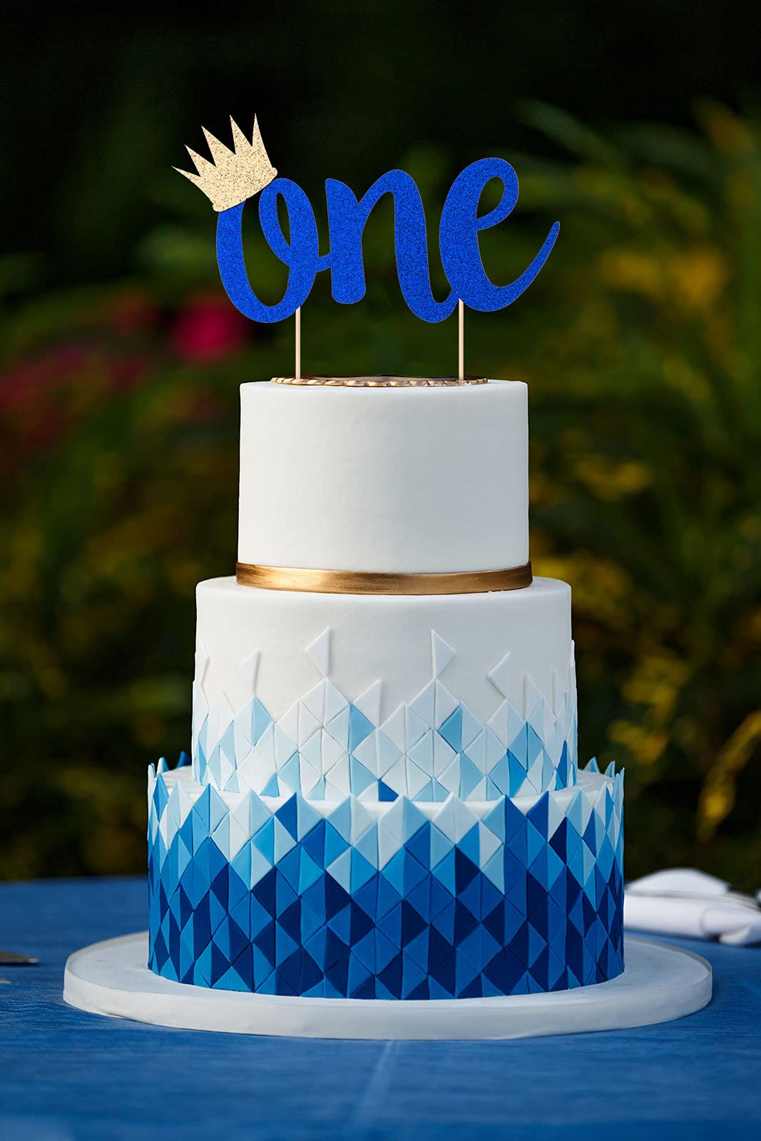Double Sided Glitter Cake Topper For 1St Birthday Boy With Crown, Royal Blue One Cake Topper For Boys First Birthday Cake Party
