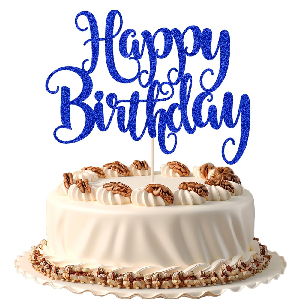 Fmiyuneea Happy Birthday Cake Topper- Glitter Happy Birthday Cake Decor, Handmade Anniversary/Birthday Party Supplies (Deep Blue