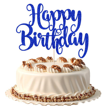 Fmiyuneea Happy Birthday Cake Topper- Glitter Happy Birthday Cake Decor, Handmade Anniversary/Birthday Party Supplies (Deep Blue