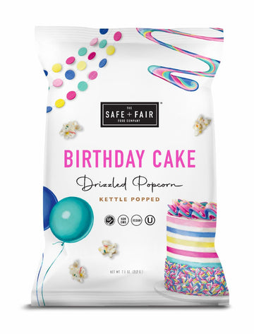 Safe + Fair Birthday Cake Drizzled Popcorn - Gluten-Free, Dairy Free and Vegan Snack - Free From Top 9 Allergens and Artificial 