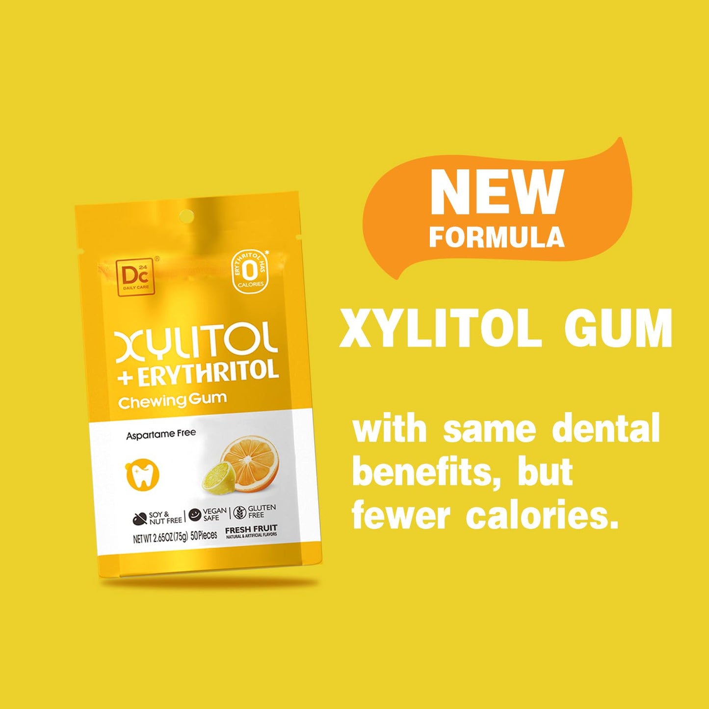 Dc24 Daily Care Gum, Aspartame Free & Sugar Free, Xylitol Chewing Gum With Erythritol, Low-Calorie, Sugarless, Fresh Fruit Flavo