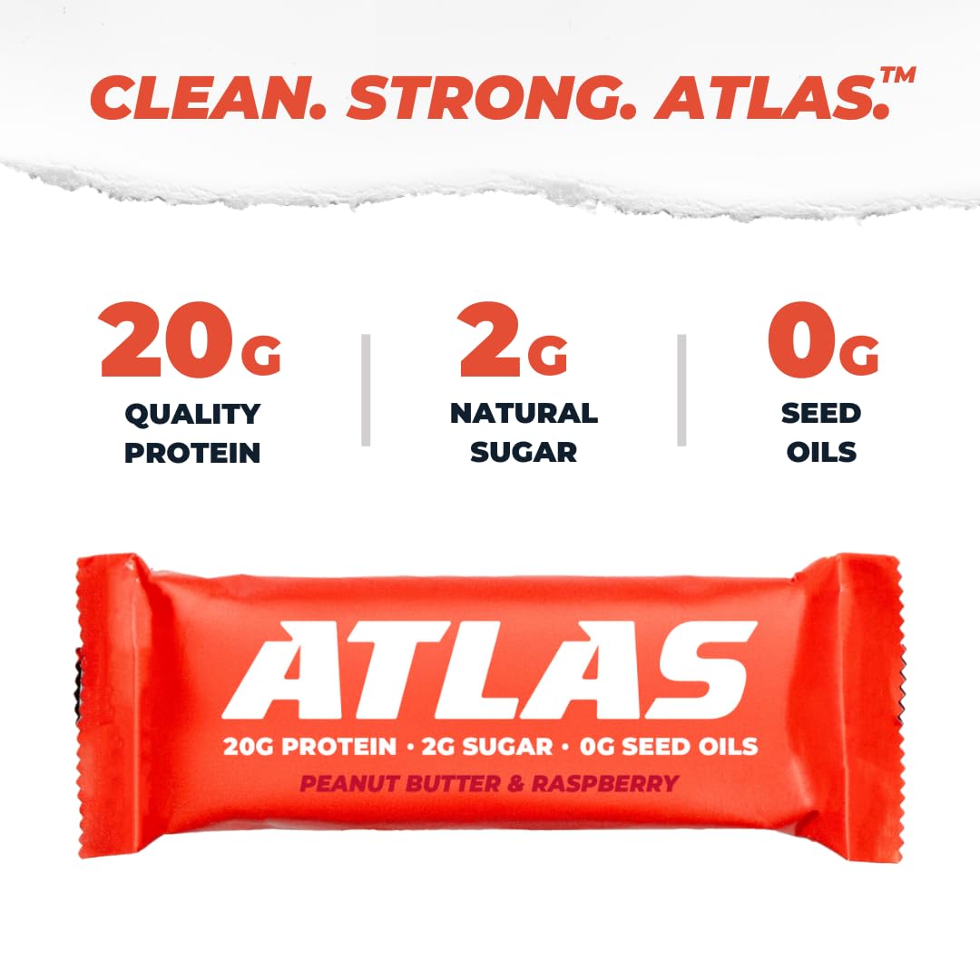 Atlas Bars - 20g Protein, 2g Natural Sugar, 0g Seed Oils (Peanut Butter Raspberry, 24 Count)