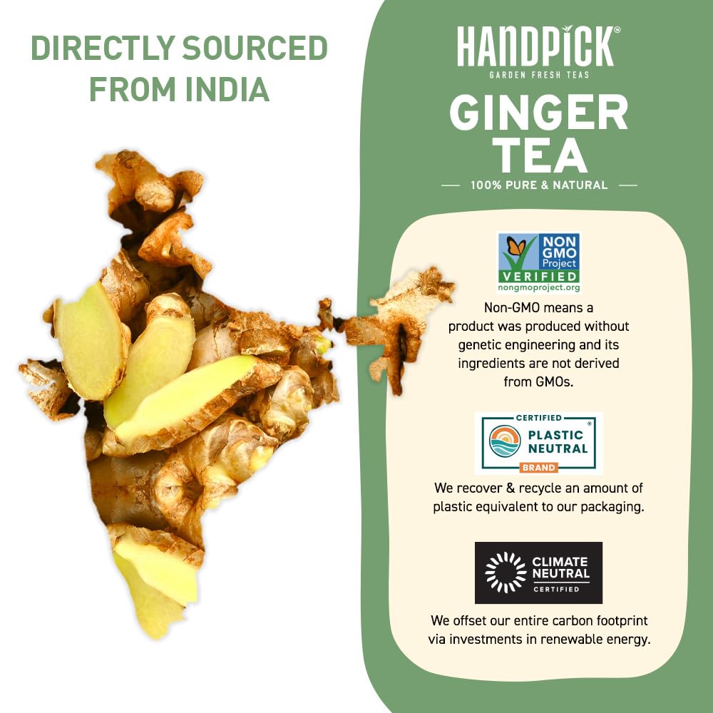 HANDPICK Ginger Tea Bags - 100 Herbal Teabags, Authentic Indian, Caffeine Free, Eco-Conscious, Soothing & Spicy Blend