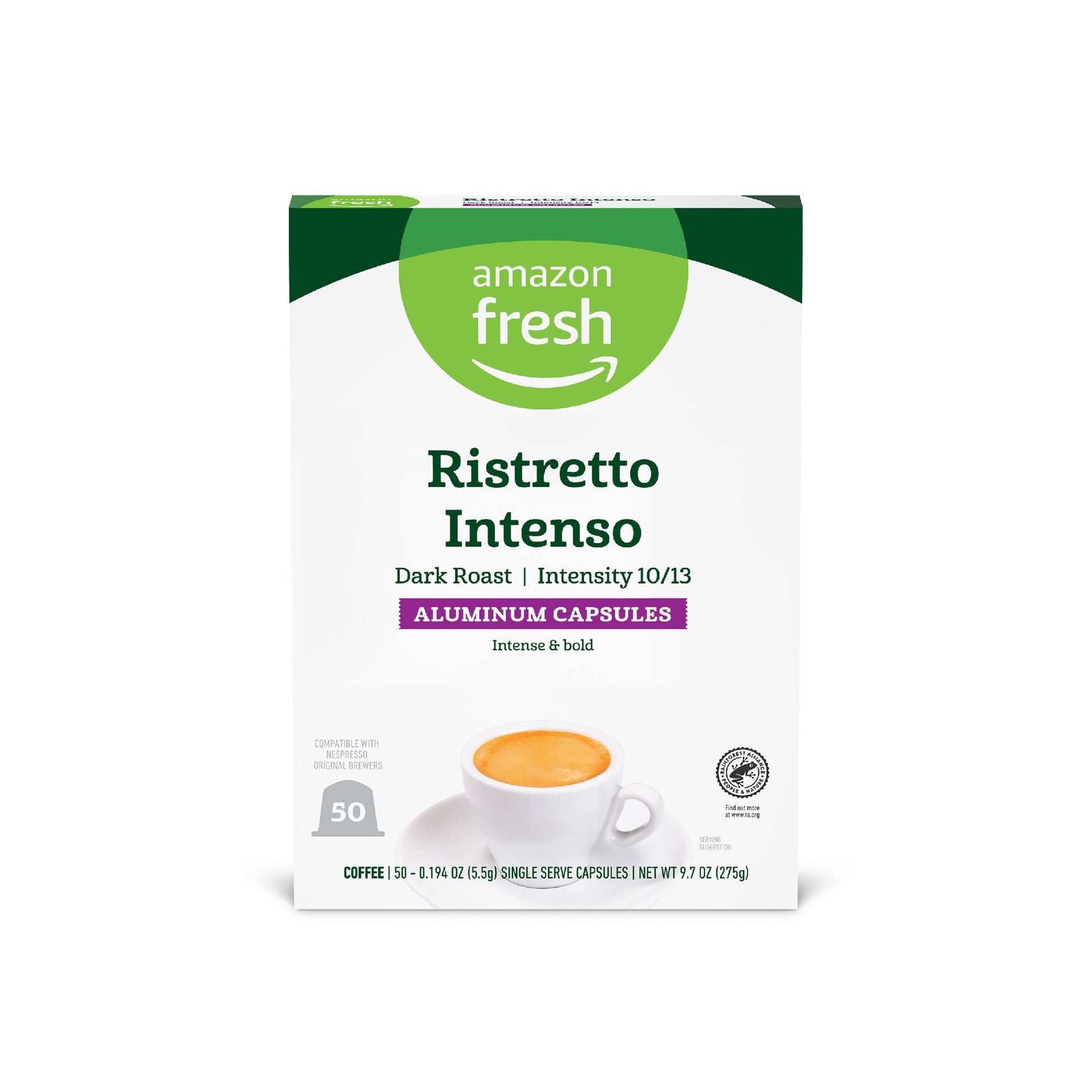 Amazon Fresh Ristretto Intenso Dark Roast Capsules, Compatible with Nespresso Original, 50 Count (5 Packs of 10), Intensity 10/13