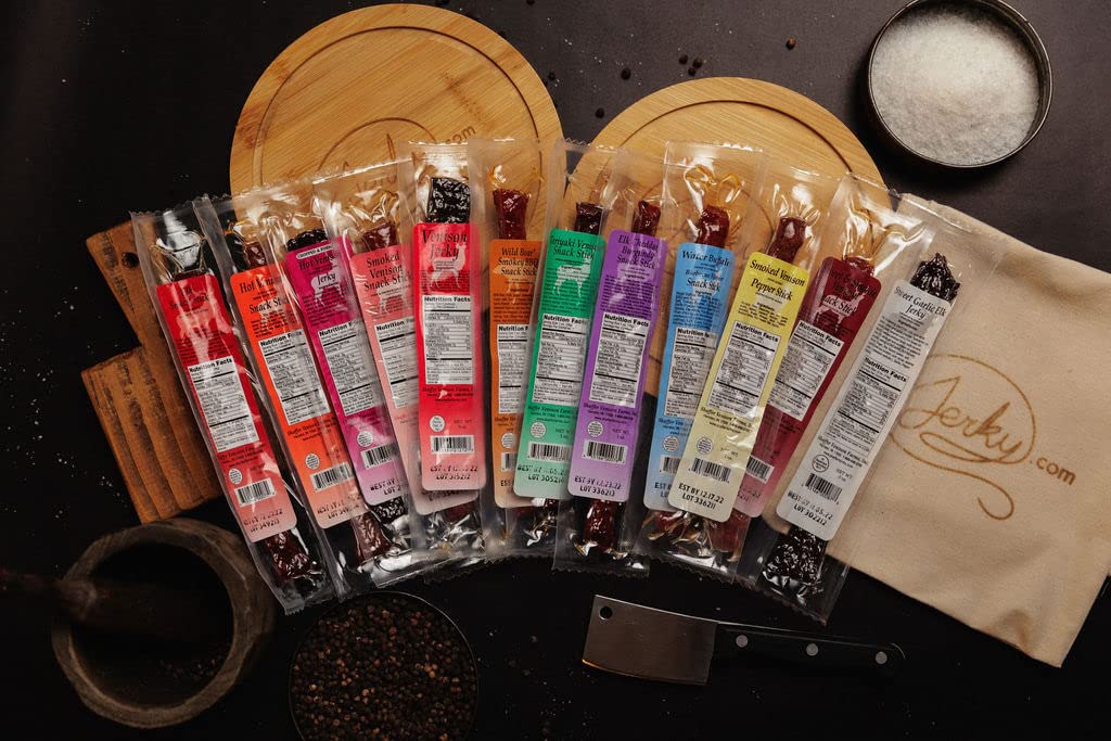 Jerky.com Exotic Meat Sticks Gift Bag | Wild Game Jerky Sampler with Venison, Elk & Wild Boar | 12pc High Protein Jerky Variety