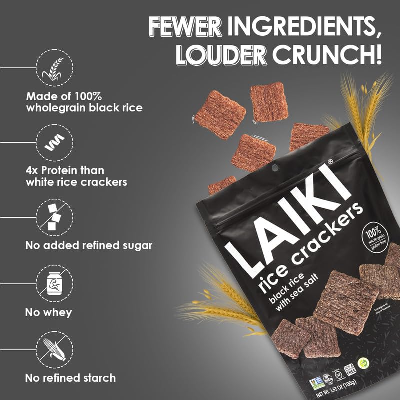 Laiki Gluten Free Rice Crackers, Black Rice, Resealable 3.53 Ounce Bag