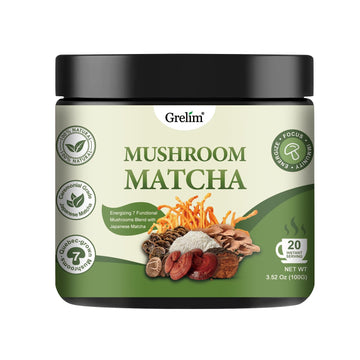 Grelim Mushroom Matcha, Japanese Ceremonial Matcha Infused With 7 Superfood Mushrooms, Mct Oil, Coconut Milk Powder, Great Tasti