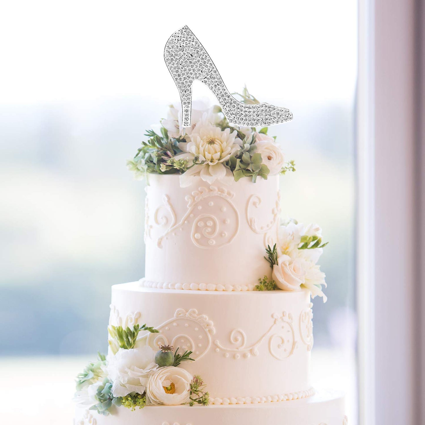 LINGTEER High Heel Cake Topper Silver Rhinestone Crystal 3.94x6.69