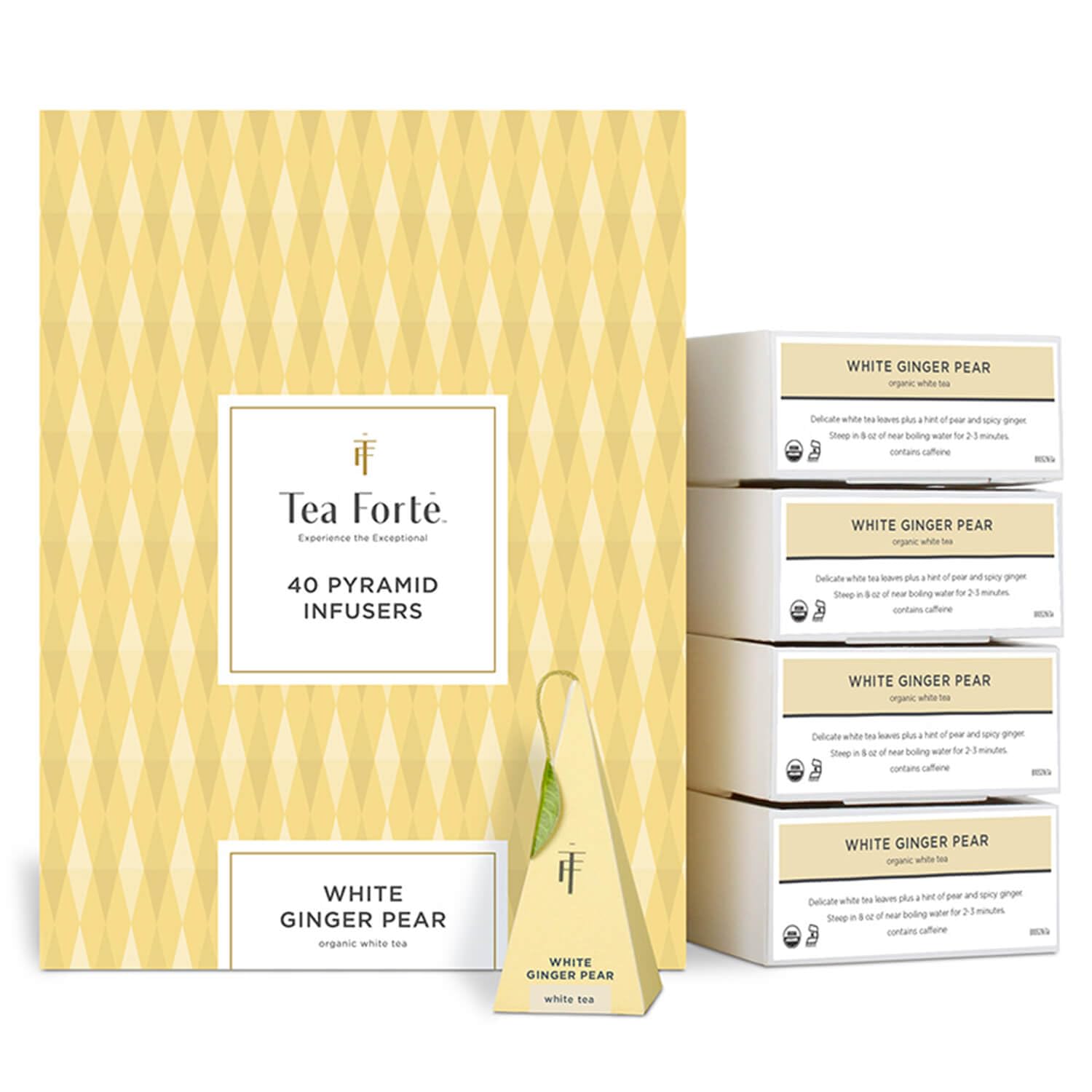 Tea Forte White Ginger Pear Premium Organic Caffeinated White Tea Blend Event Box, Bulk Pack 40 Count, 10 per tray Individually 