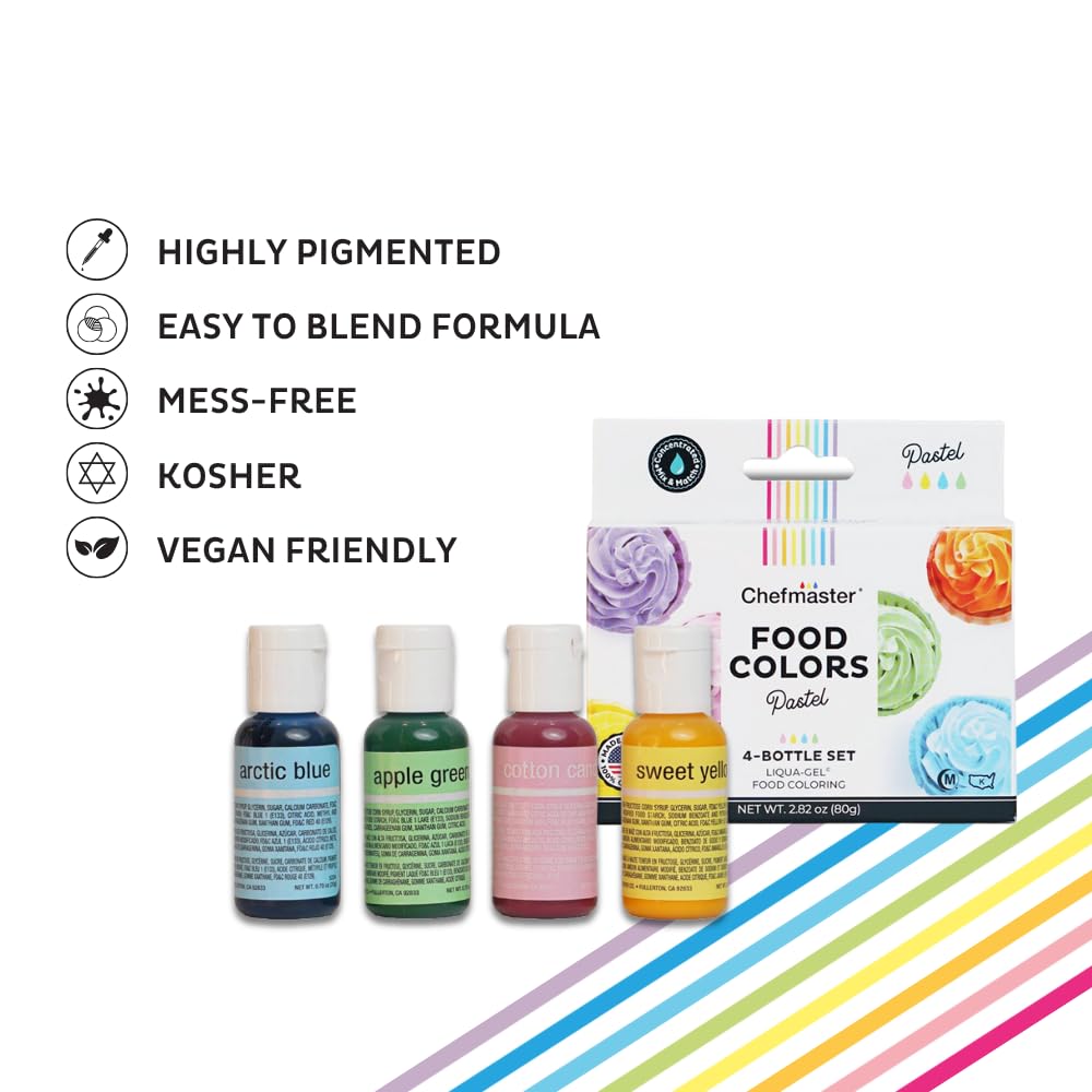 Chefmaster Liqua-Gel Food Coloring Kit, 4 Pack, Water-Based, Pastel Easter Colors, 0.7 Fl Oz Each