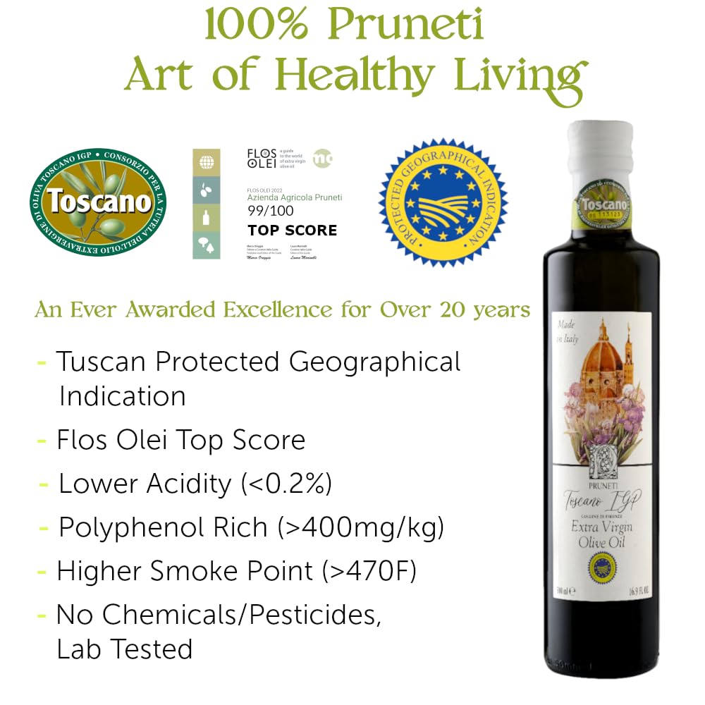 Pruneti Extra Virgin Olive Oil - Premium Early Harvest, Cold Pressed, Non-GMO, 16.9 Fl Oz, Green