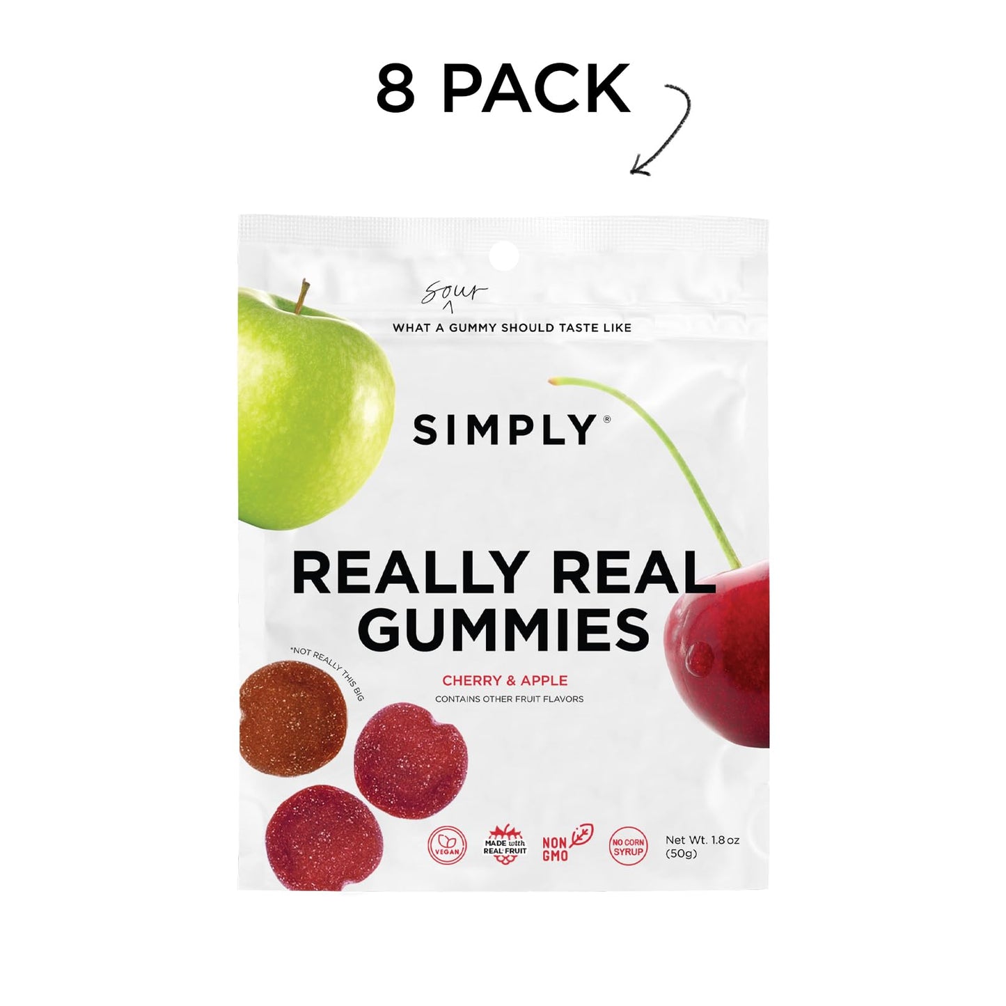 SIMPLY Really Real Gummies | Made with Real Fruit | Sour Cherry & Apple Fruit Bites | 1.8 oz (Pack of 8) | No Cane Sugar + Glute