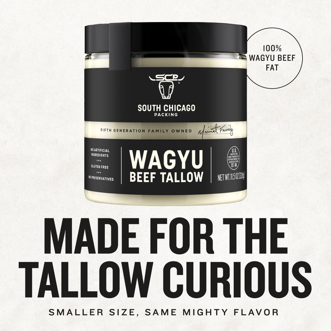 South Chicago Packing Wagyu Beef Tallow, 11.5 Oz Glass Jar, Perfect For Searing, Sauteing, Cooking, Pan Frying, Keto Friendly, P