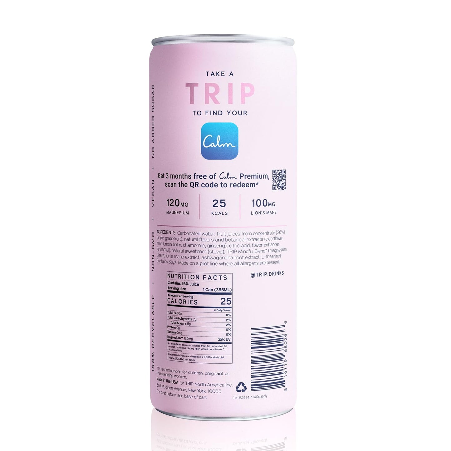 TRIP Mindful Blend Adaptogen Seltzer, Elderflower Mint, 12 Fl Oz (Pack of 12), Vegan, No Added Sugar