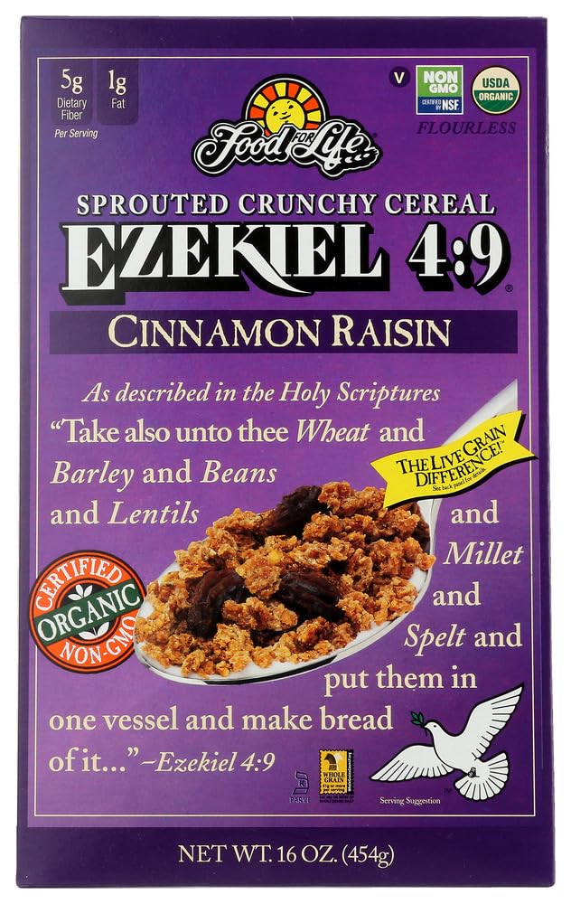 Food For Life Ezekiel 4:9 Sprouted Crunchy Cereal, Cinnamon Raisin, Vegan Friendly, Kosher, USDA Certified Organic, Non-GMO, 16 