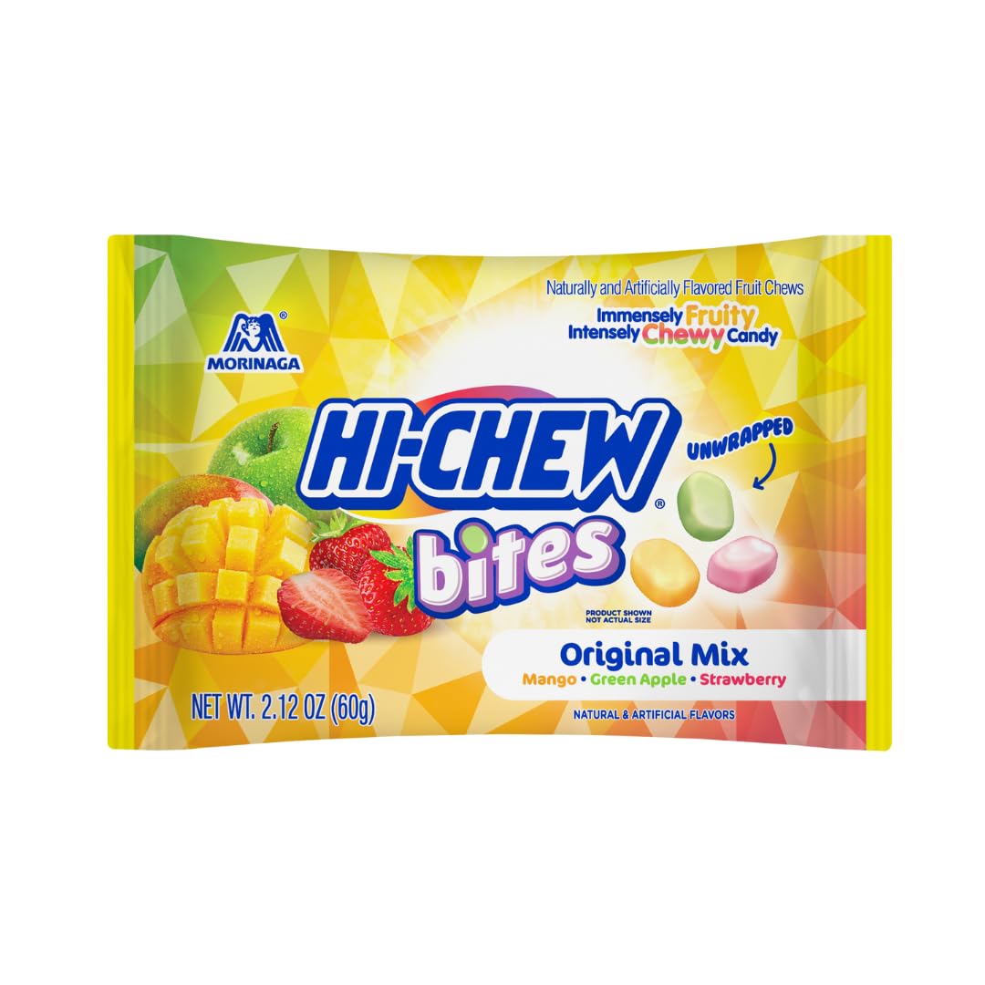 HI-CHEW Bites Original Mix Bulk Candy, Pack of 12 Bags, 2.12oz each - Mango Green Apple Strawberry Chewlets - Unique Fun Soft &