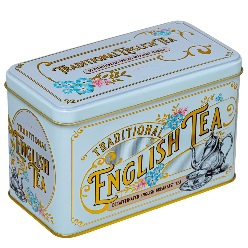 New English Teas Vintage Victorian Tea Tin with 40 Decaffeinated English Breakfast Teabags, Powder Blue, Model 54939477770626