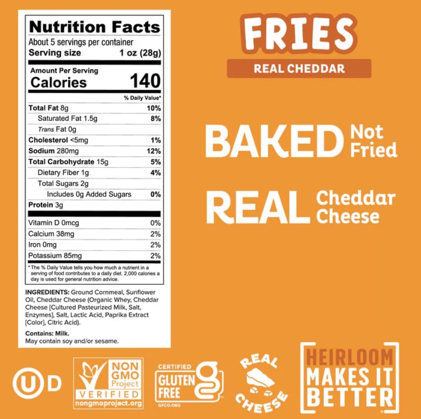 Pipcorn Heirloom Baked Cheddar Fries - Gluten Free, Non-GMO, Vegan - 5oz (Pack of 6)