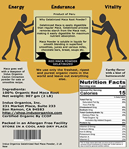 Indus Organics Red Maca Powder, Gelatinized, Non-GMO, 2 Lb Bag, Freshly Packed