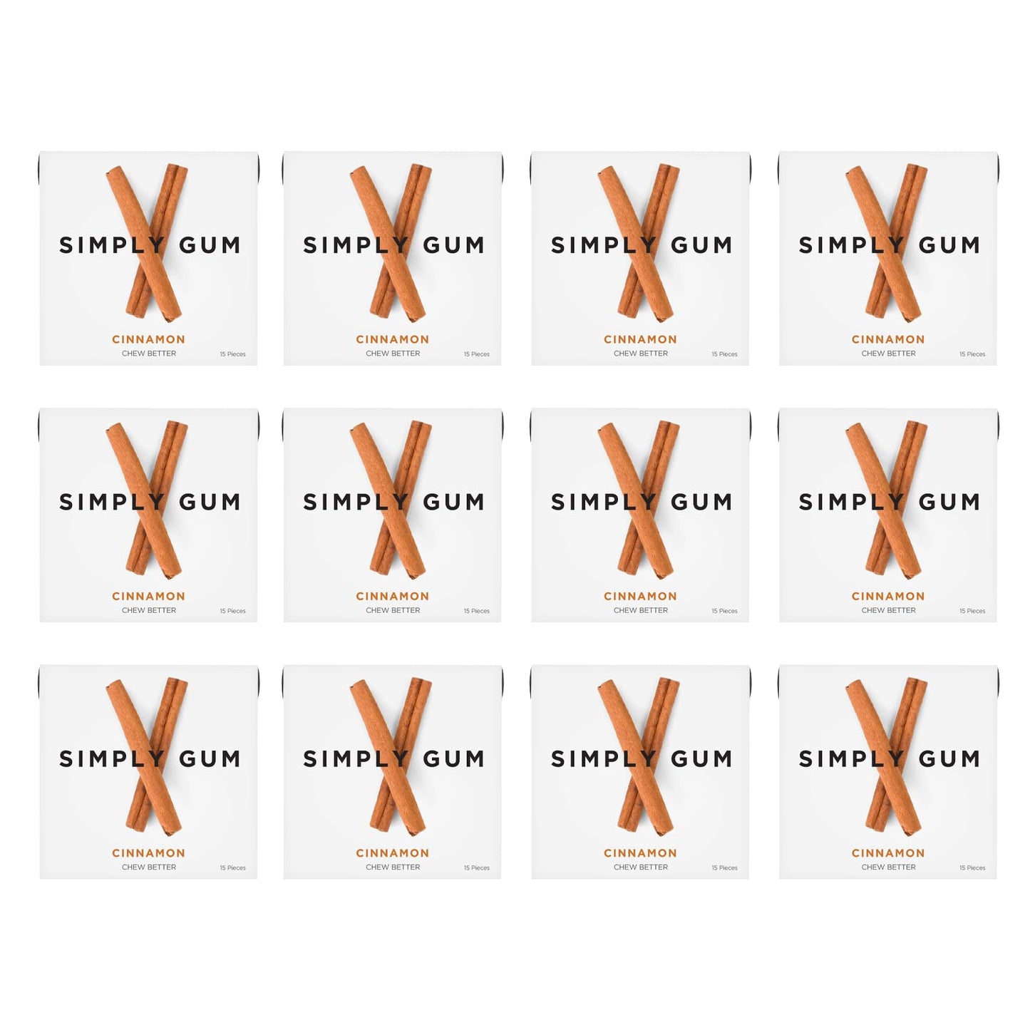 Simply Gum | Cinnamon | Plant- Based Chewing Gum | Pack of 12 (180 Pieces Total) | Synthetic Free + Aspartame Free + non GMO