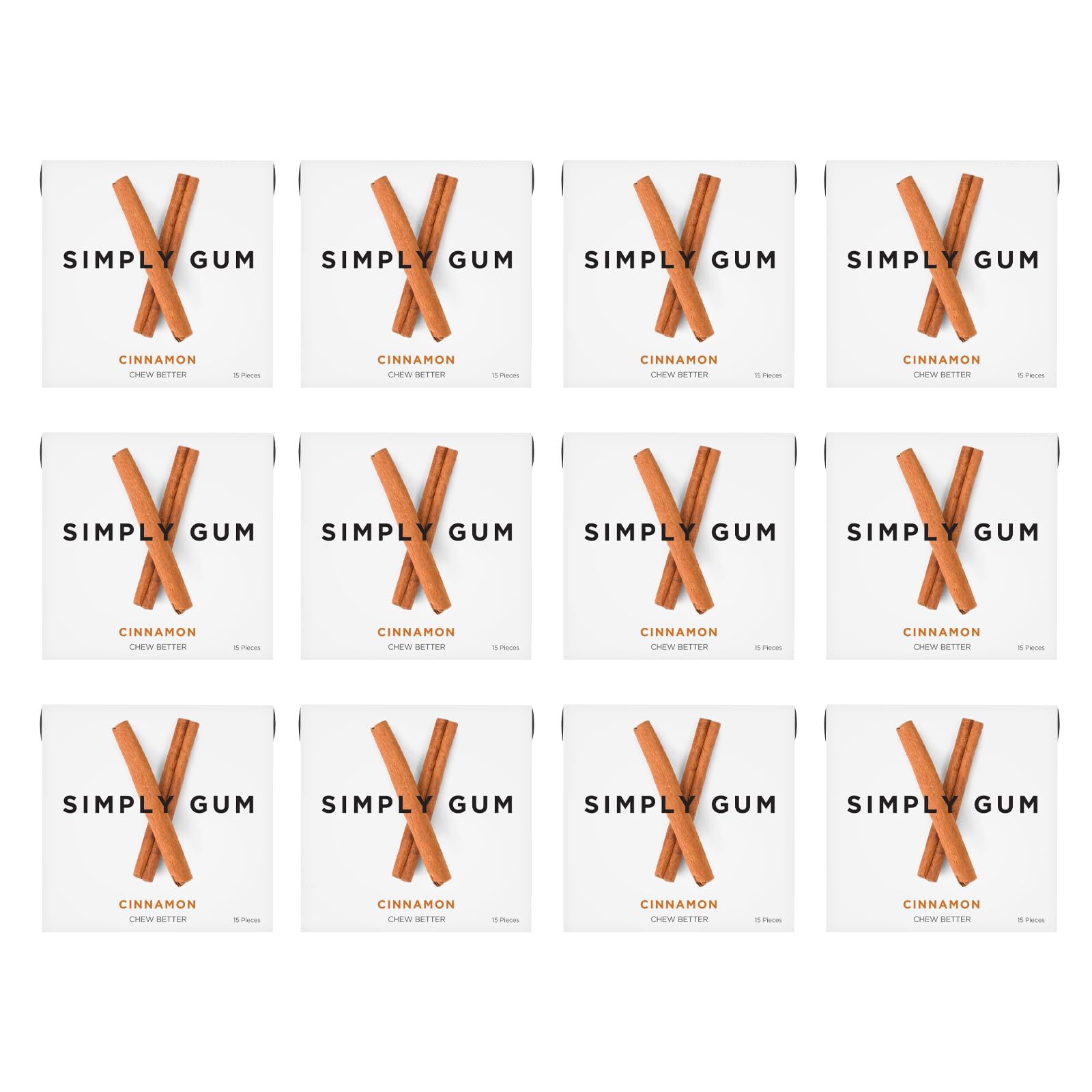 Simply Gum | Cinnamon | Plant- Based Chewing Gum | Pack of 12 (180 Pieces Total) | Synthetic Free + Aspartame Free + non GMO