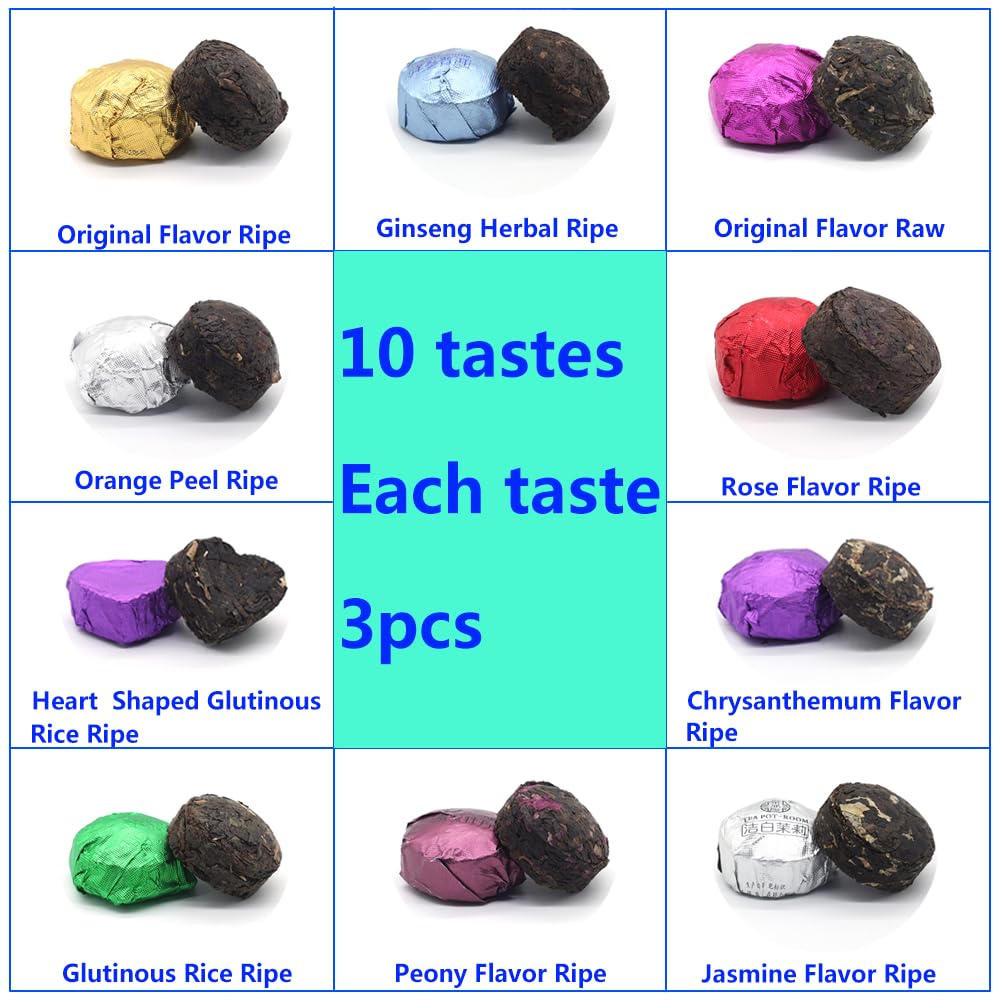 Lwxljmjzc-Ripe Puerh Tea Mini Cake 30Pcs(10 Tastes*3Pcs) |Yunnan Pu-Erh Tea |Rice Balls (Cook&Uncook) Puerh Tea | Mini Tuo Cha Black Tea