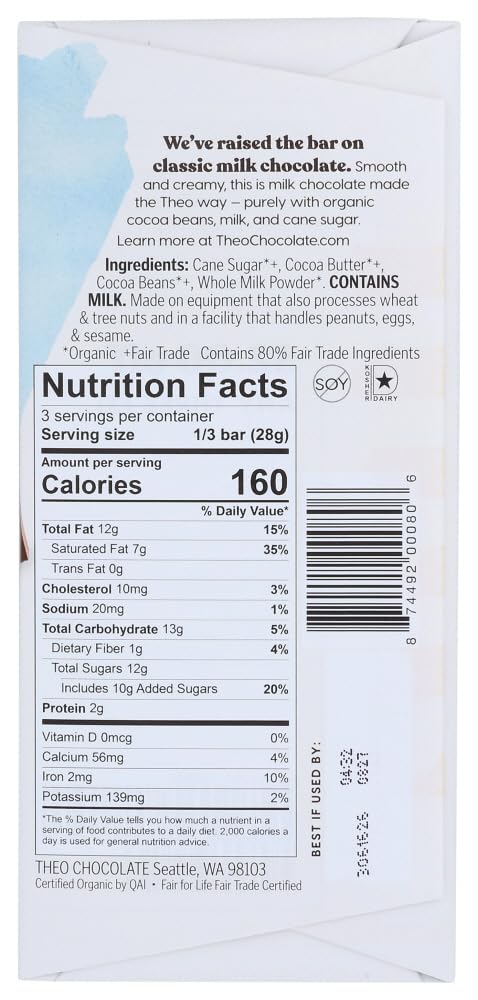 Theo Chocolate Pure Organic Milk Chocolate Bar, 45% Cacao, 1 Bar | Fair Trade