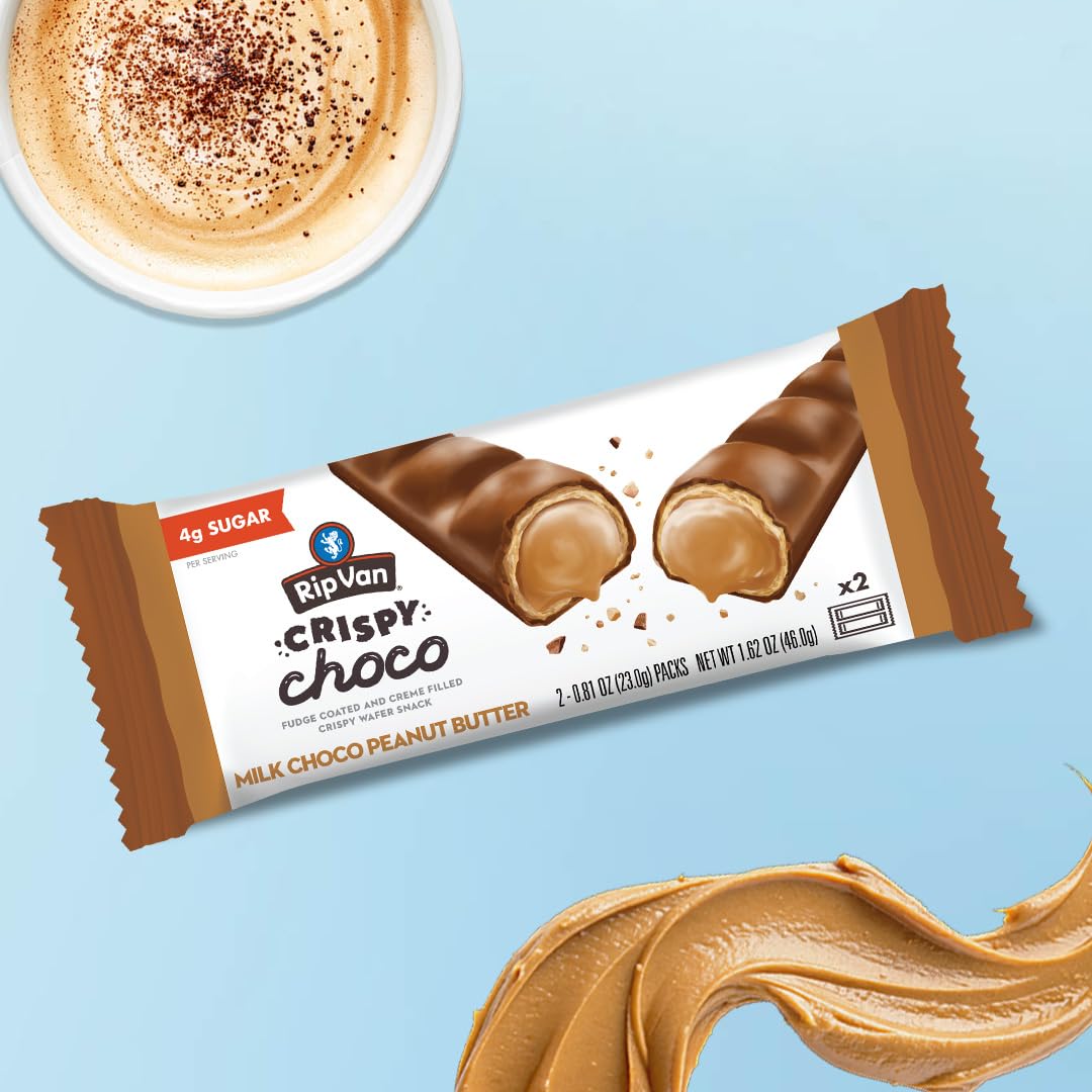 Rip Van Crispy Choco - Chocolate Coated Peanut Butter Wafer Bars - Low Sugar Fudge and Peanut Butter Cream Filled Snack - 12 Pac