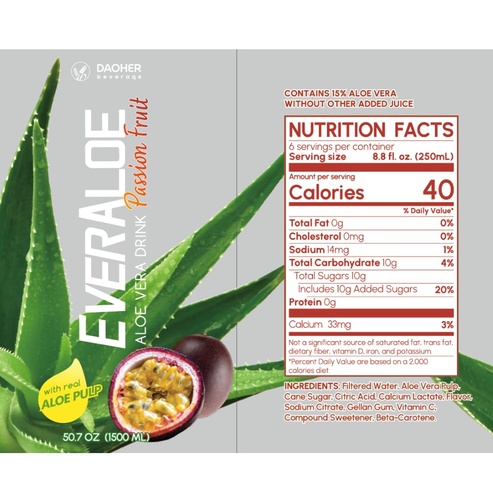 DaoHer Beverage EverAloe Passion Fruit Aloe Vera Drink - Vegan, Gluten-Free, 16 fl oz Bottle