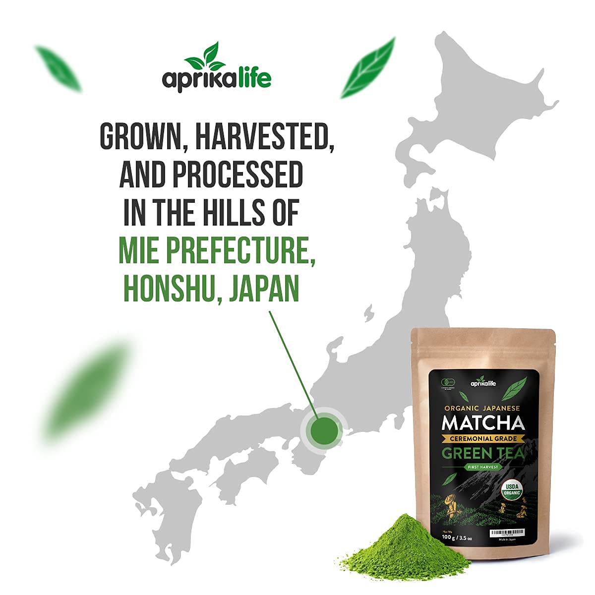 Aprikalife Organic Matcha Powder, Usda & Jas Certified, No Sugar Added, Authentic Japanese Ceremonial Grade Matcha Green Tea Powder, 3.5 Oz/100G