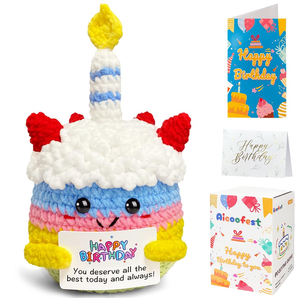 Happy Birthday Gifts For Women Her Girls Unique Emotional Support Crochet Positive Cake Plush Birthday Gift For Best Friend, Small Crochet Animal With Bday Card For Teen Mom Grandma Daughter Sister