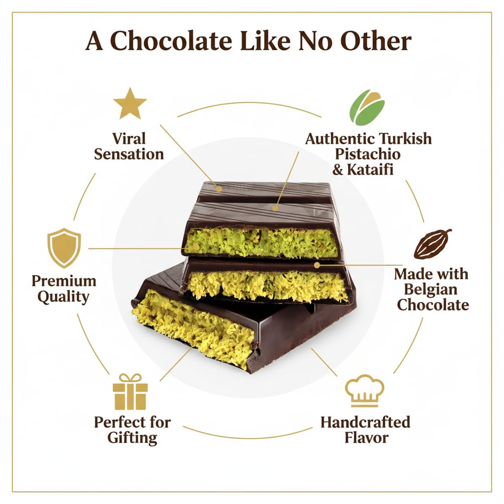 Dubai Dark Chocolate Bar Pistachio - Crispy Kataifi With Pistachio Paste | Gourmet Gift Chocolate | 7Oz Rich, Textured Treat