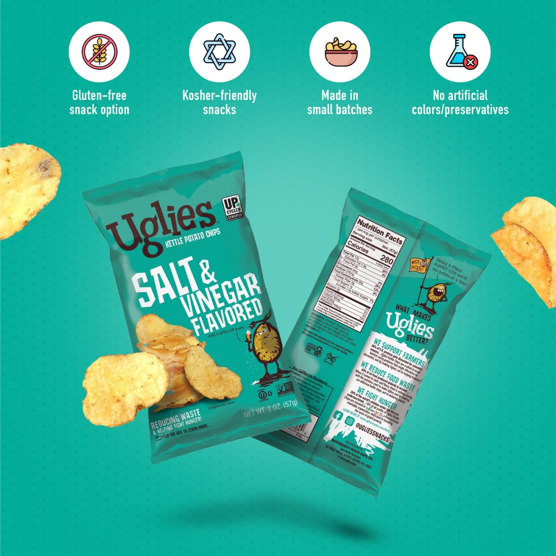 Uglies Kettle-Cooked Potato Chips, Salt and Vinegar, Gluten-Free, 6 Oz, Pack of 12