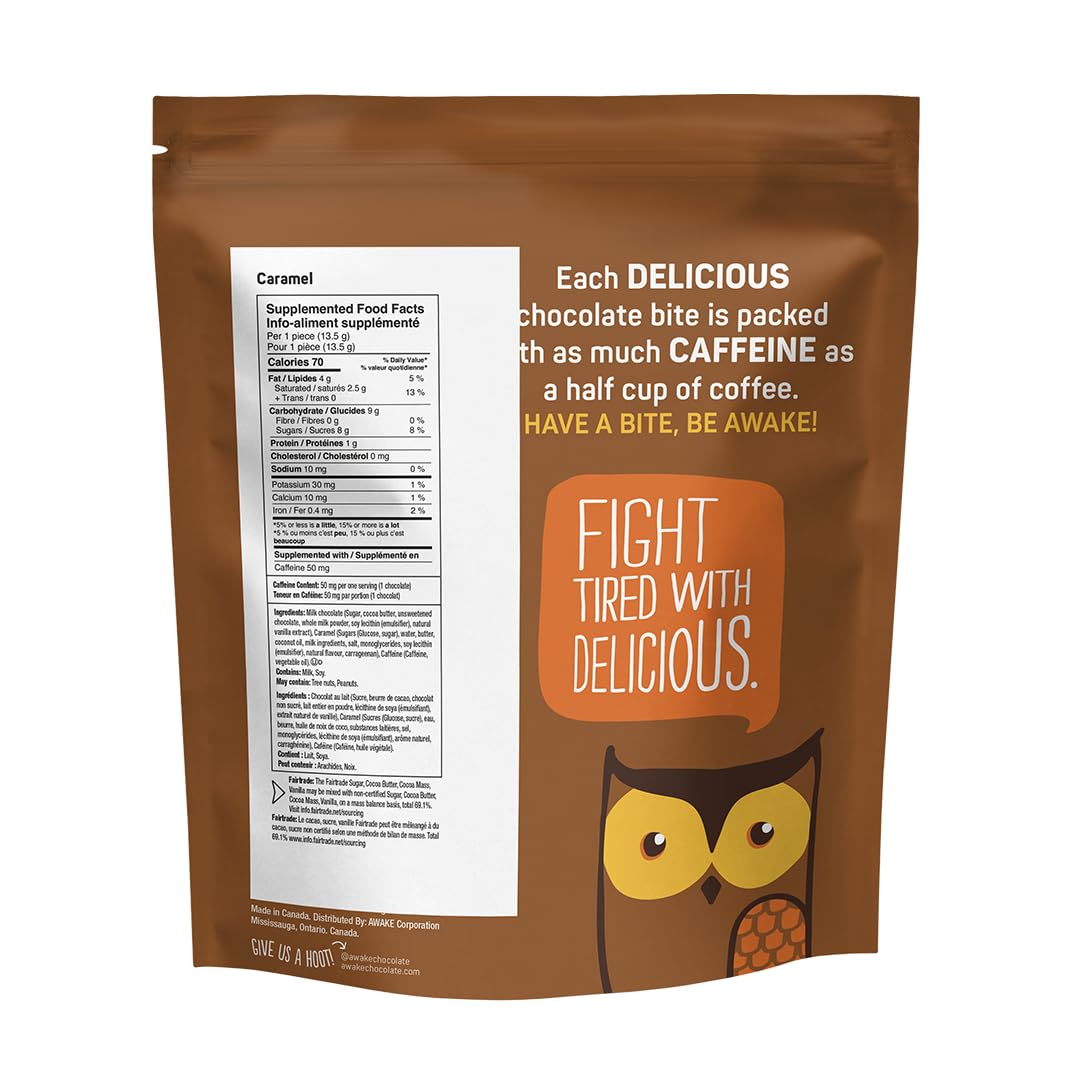 Awake - Caffeinated Chocolate Bites - Caramel Milk Chocolate, 50 Bites - 50Mg Caffeine - Individually Wrapped Energy Bites - Coffee Alternative - Fairtrade, Gluten Free, Non Gmo - 0.48Oz