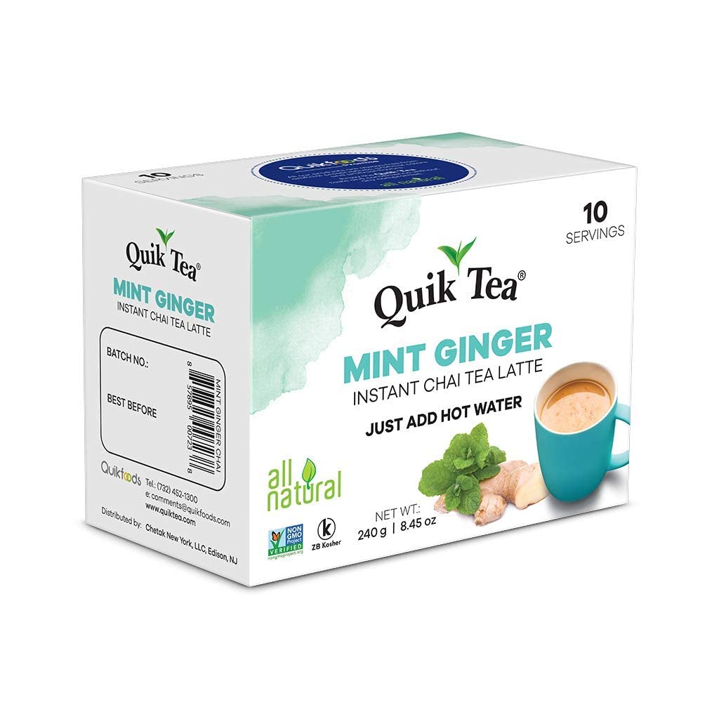 QuikTea Mint Ginger Chai Tea Latte Powder - 10 Count Single Box - All Natural & Preservative Free Instant Chai Tea Mix - Just Ad