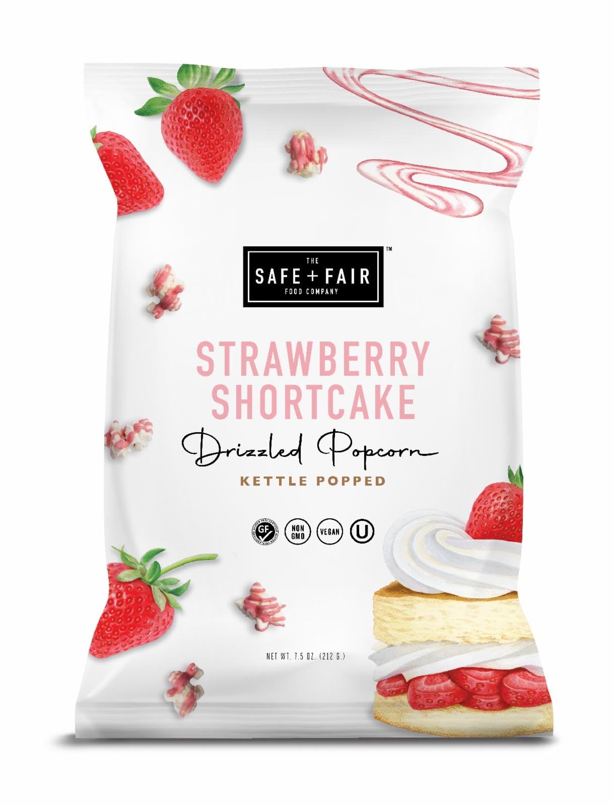 Safe + Fair Food Company Plant-Based Gourmet Strawberry Flavored Popcorn - Strawberry Shortcake Drizzled Kettle Corn Popcorn - N